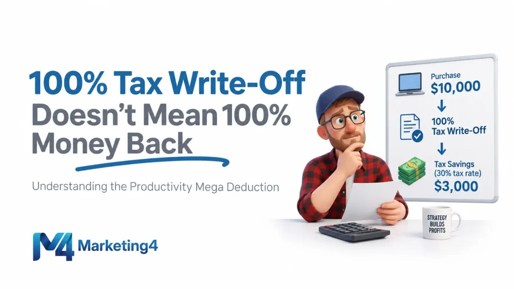 Marketing4 graphic explaining that a $10,000 qualifying purchase at a 30% tax rate illustrates $3,000 in tax savings, not a full refund.