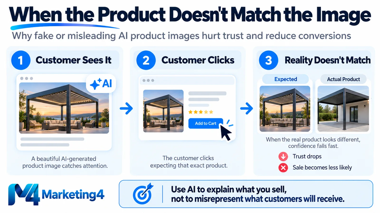 Infographic showing how an AI-generated product image can create an expectation that does not match the actual product, causing trust to drop and making a sale less likely.