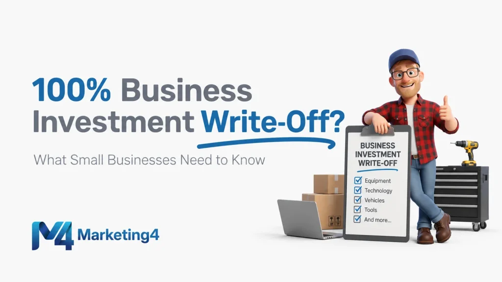 Marketing4 illustration of Canada's proposed 100% business investment write-off, with a business owner, laptop, tools and checklist.