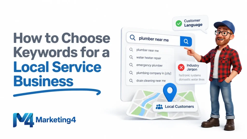 Marketing4 featured graphic showing customer-language keyword examples for a local service business, including plumber searches, a local map pin, and an industry jargon comparison.