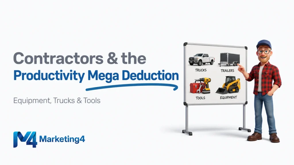 Marketing4 illustration of a contractor beside a board showing a pickup truck, enclosed trailer, power tools and skid steer for the proposed Productivity Mega Deduction.