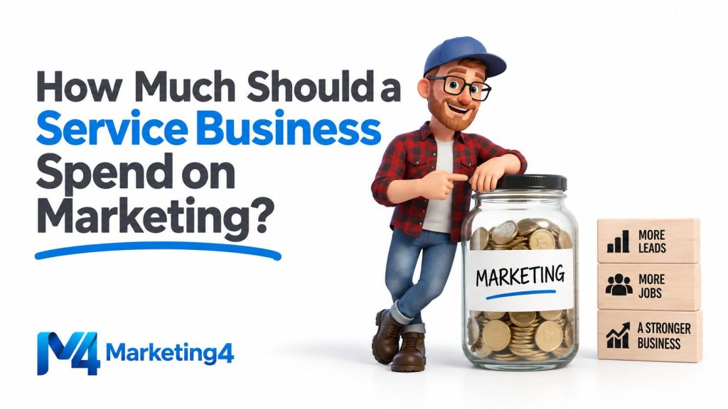 Service business owner beside a marketing budget jar with coins, illustrating how much a service business should spend on marketing.