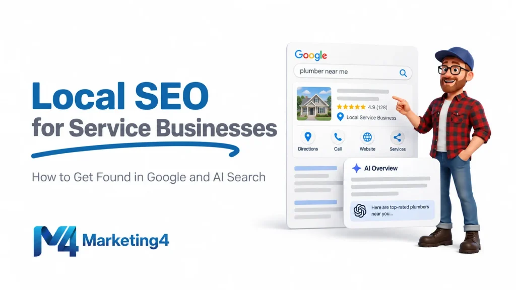 Marketing4 featured graphic for local SEO for service businesses showing Google local search and AI search results.