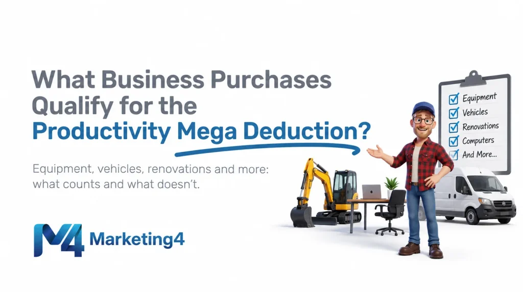 Marketing4 graphic asking which business purchases qualify for the proposed Productivity Mega Deduction, with equipment, vehicle, renovation and computer examples.