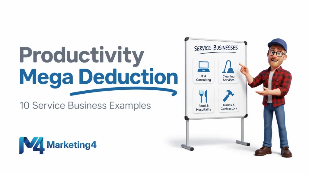 Marketing4 featured illustration of a business owner presenting service business examples including consulting, cleaning, hospitality and contracting for the Productivity Mega Deduction.