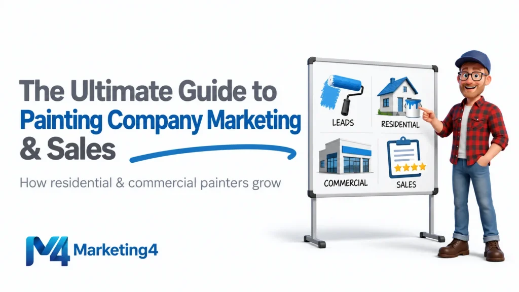Illustration for a guide to painting company marketing and sales, showing leads, residential painting, commercial painting and sales.