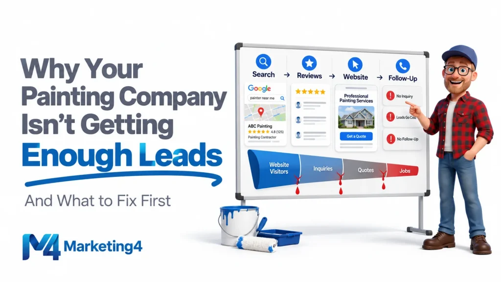 Marketing4 illustration of painting company lead-generation issues, including search visibility, reviews, website inquiries, follow-up and a leaking sales funnel.