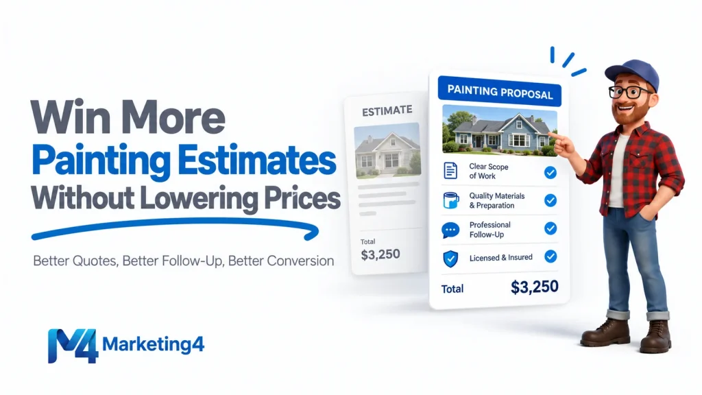 Marketing4 illustration comparing a basic painting estimate with a detailed proposal featuring scope, preparation and follow-up.